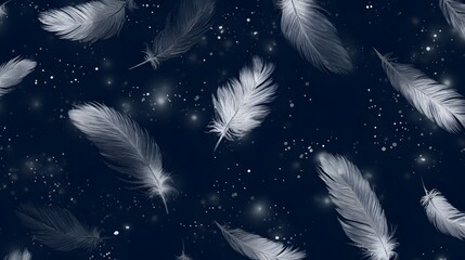 White feathers float against a dark blue background with sparkling light.