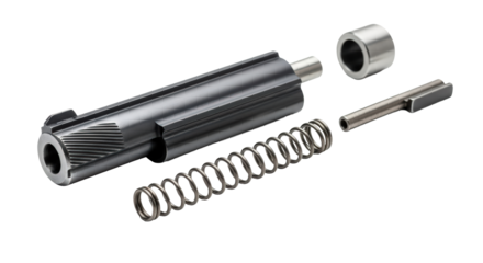 Exploded view of mechanical assembly showing precision metal parts and spring isolated on transparent background