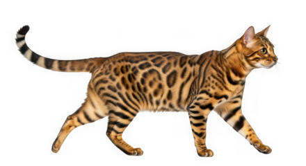 Bengal cat walking, exotic domestic pet with spotted fur and striped tail isolated on transparent background