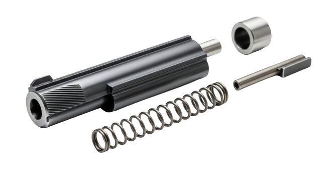 Exploded view of mechanical assembly showing precision metal parts and spring isolated on transparent background