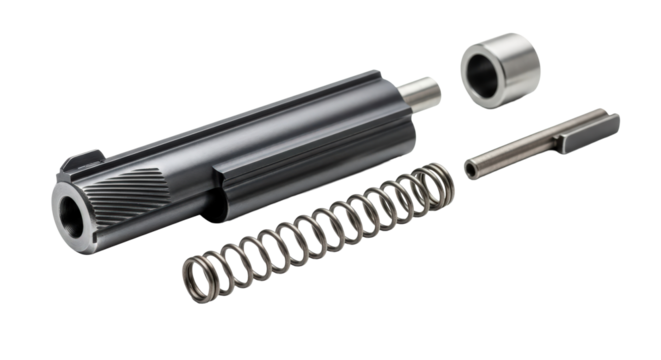 Exploded view of mechanical assembly showing precision metal parts and spring isolated on transparent background