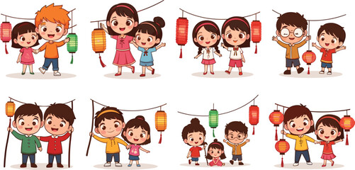 Happy children celebrating lantern festival together, cute kids holding colorful paper lanterns, festival celebration illustration with joyful expressions