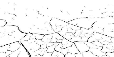 Cracked dry earth texture showing drought and arid landscape pattern. High-contrast black and white cracked soil background perfect for environmental, abstract, or texture design projects.