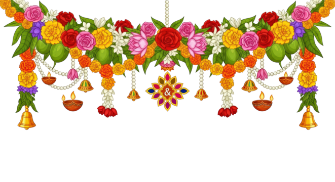 Vibrant festive floral archway decorated with bells and ornate ornaments for celebrations isolated on transparent background
