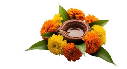Diya lamp amidst vibrant marigold flowers and green leaves festive diwali celebration isolated on transparent background