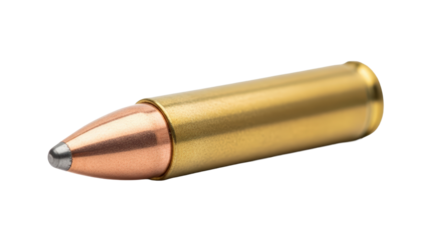 Single brass bullet close up studio shot ammunition military weaponry firearm component isolated on transparent background