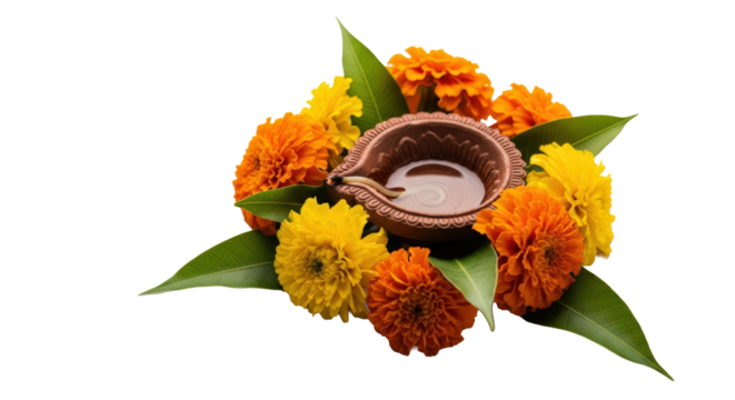 Diya lamp amidst vibrant marigold flowers and green leaves festive diwali celebration isolated on transparent background