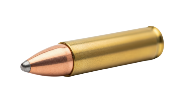 Single brass bullet close up studio shot ammunition military weaponry firearm component isolated on transparent background