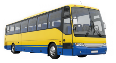 A long yellow and blue passenger bus, isolated on transparent background