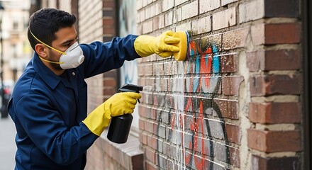 Man in mask cleaning graffiti off brick wall with spray bottle and sponge wearing yellow gloves outside