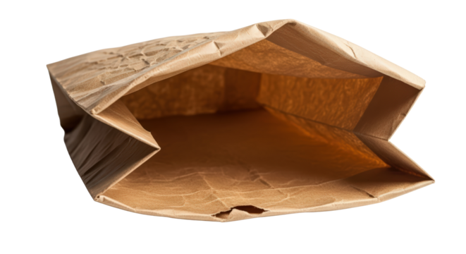 Close-up perspective of an empty brown paper lunch bag crumpled and open revealing its interior texture and shape isolated on transparent background