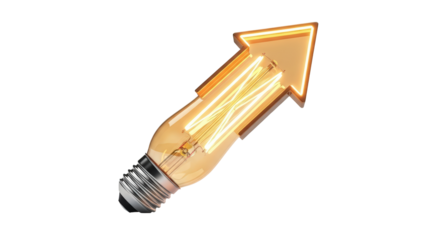 Golden arrow light bulb symbolizing growth innovation and success in business development isolated on transparent background