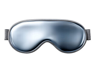 A futuristic, contoured sleep mask with a highly reflective, metallic silver/blue outer surface and soft light gray fabric edging and strap, isolated on a light background.