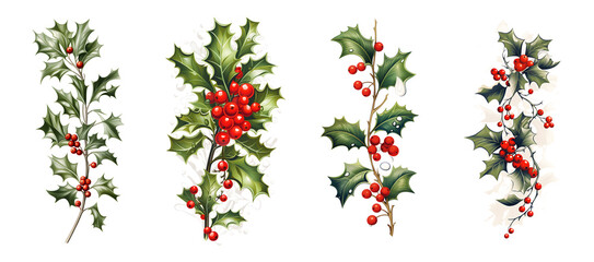 Fototapeta premium Collection of four decorative holly branches with red berries and green leaves transparent background