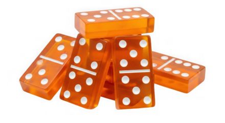 A pile of translucent orange dominoes with white dots, isolated on a transparent background, representing games and chance