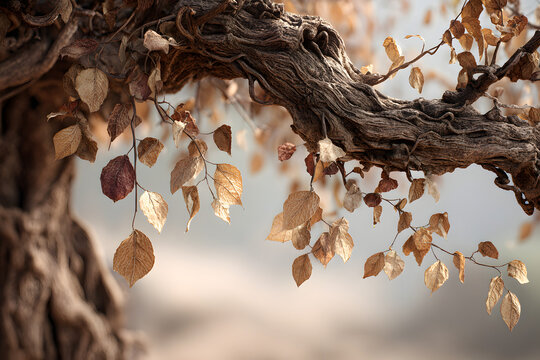 Detailed view of a dried-out tree with shriveled foliage