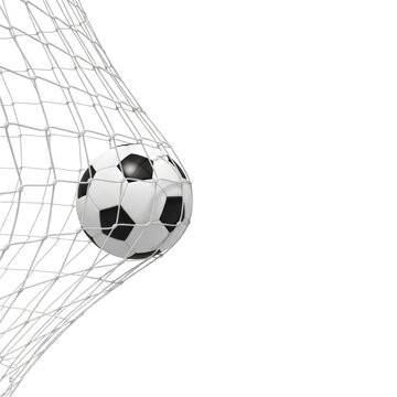 Soccer ball perfectly hitting the back of the net scoring a goal in a sports match isolated on transparent background