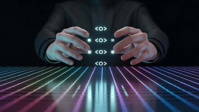 Hands interacting with glowing code symbols on a digital grid surface programming technology