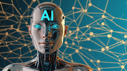 Digital Intelligence: A mesmerizing, futuristic android with glowing AI integrated into its design, set against a backdrop of interconnected digital networks.