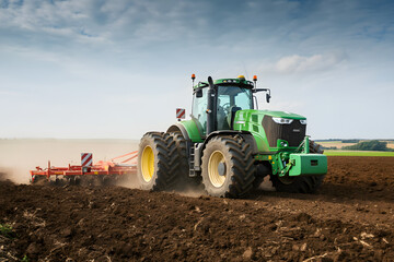 Efficient crop harvest with tractor combine in cereal field