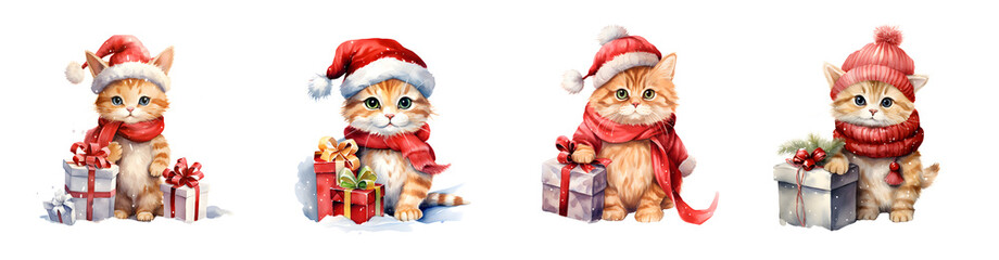 Four cute orange tabby kittens wearing Santa hats and scarves with festive gifts transparent background
