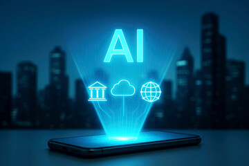 Mobile phone projecting AI hologram with icons for banking cloud and globe over a dark cityscape artificial intelligence