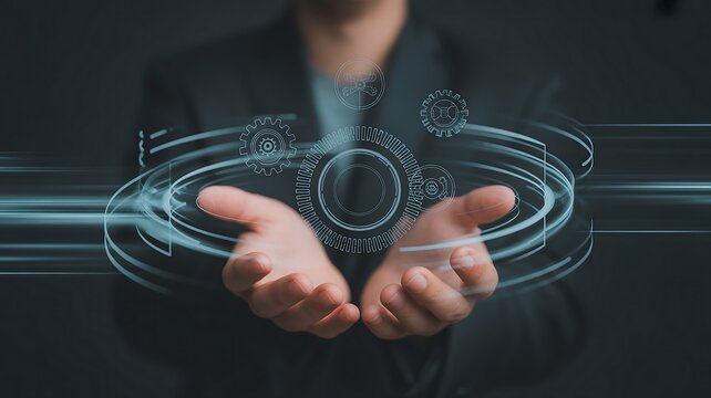 Hands holding glowing blue digital gears and futuristic light streaks technology mechanism