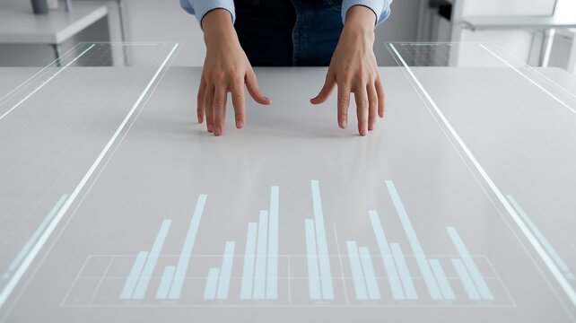 Hands interacting with futuristic holographic display showing financial charts technology