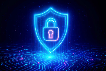 Neon blue shield with a pink lock icon on a digital circuit board background security padlock