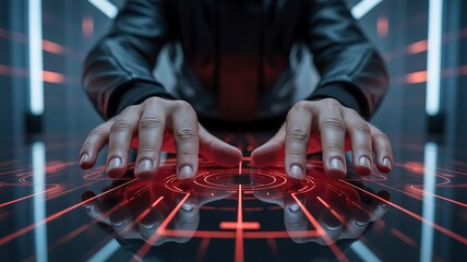 Person's hands interacting with a glowing red digital interface on a dark reflective surface futuristic