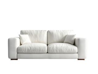 A modern, comfortable two-seater loveseat upholstered in smooth white/off-white leather/fabric. Features thick cushions, two throw pillows, and subtle dark wood block legs.