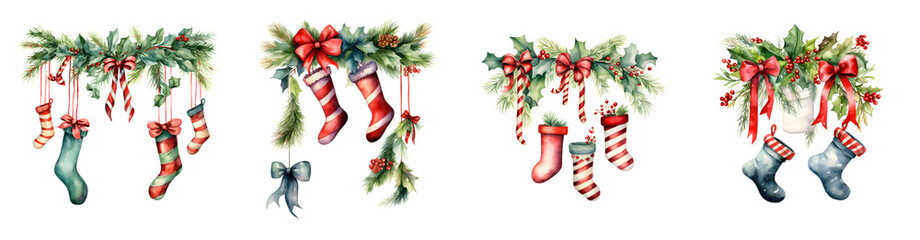 Watercolor Christmas garlands with pine branches holly berries candy canes and decorative stockings isolate