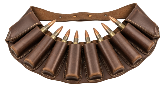 Vintage ammunition belt with bullets ready for action military equipment detail isolated on transparent background
