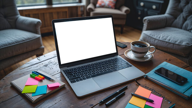 Wooden table with open laptop showing white text space, coffee cup, notebook, pens, phone, cozy armchairs, window view, relaxed atmosphere generative AI