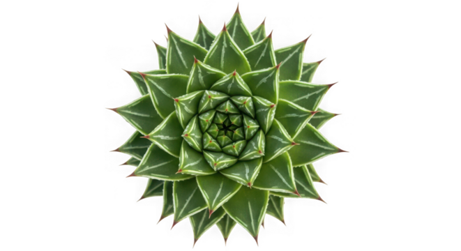 A striking topdown view of a geometric green succulent plant with sharp, layered leaves, isolated on a transparent background