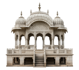 Grand Marble and Sandstone Pavilion with Domed Roofs and Central Staircase in Mughal Palace Chhatri Style