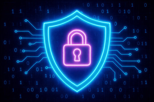 Neon shield and lock icon with binary code and digital circuit lines security padlock