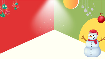 Minimalist 3D product podium in a red and green corner. Empty stage with spotlight, sparkles, and circles. Festive, Christmas-themed background for seasonal product advertising.