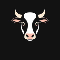 A stylized illustration of a cow's head, facing forward, with a black background.