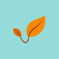 Simple illustration of two orange leaves connected by a brown stem against a blue background.