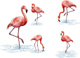 Elegant pink flamingo illustration set, tropical bird vector artwork, standing and feeding flamingos in water, nature wildlife design for decoration