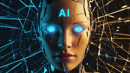 Digital Sentinel: Captivating vision of a cyborg, illuminated with futuristic AI elements, its gaze both inviting and introspective, surrounded by a complex web of technological infrastructure. 