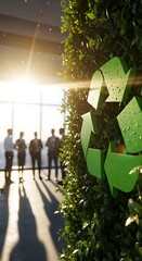 Green recycle symbol on foliage with business team in background near window during a bright sunny day