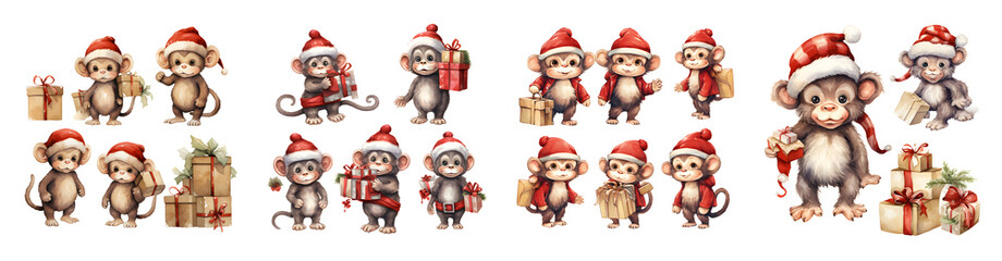 Cute baby monkeys in Santa hats holding Christmas presents isolate animal