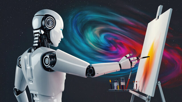 Artificial Intelligence and Art: A gleaming, artistic robot, a symbol of future technology, meticulously paints on a blank canvas, its metallic form in stark contrast with the vibrant.
