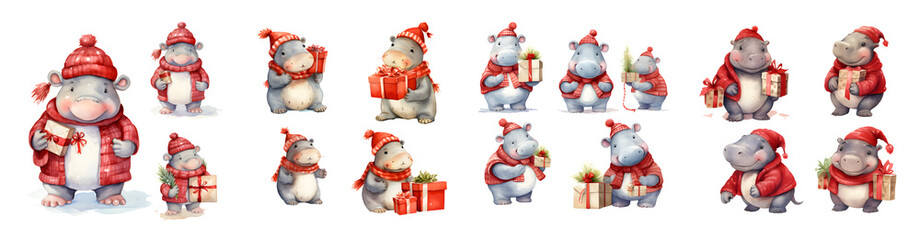 Collection of cute hippos wearing red hats and scarves with gifts hippopotamus transparent background