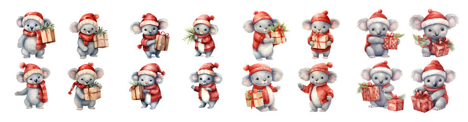 Collection of cute watercolor koalas wearing Santa hats and holding presents isolate