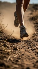 A close up of legs and running shoes kicking up dust on a dirt trail in an outdoor setting