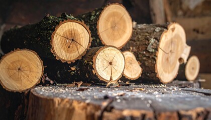 Close-up of cut tree logs stacked on a wooden surface, showing grain details