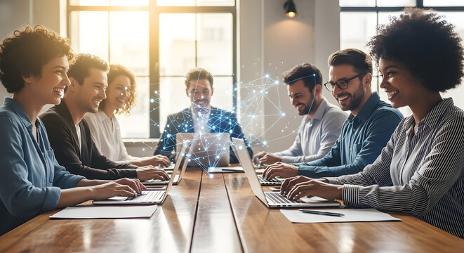 Diverse startup team meeting and discussing technology